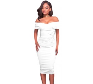 'Alana‘ weiße Knielänge off shoulder BodyCon Kleid